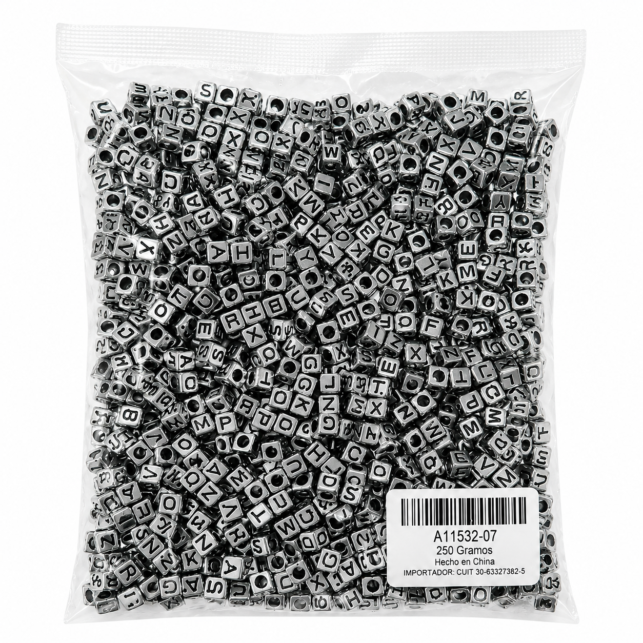 CUENTAS CUBO PLATEADAS CON LETRAS NEGRAS