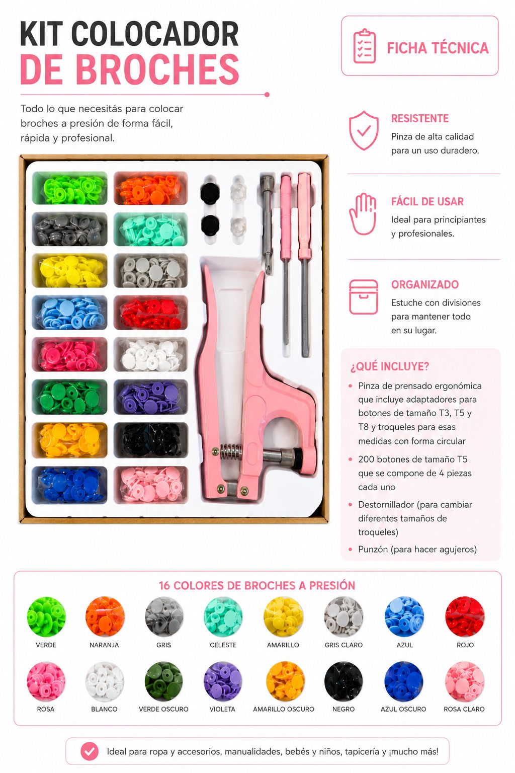 Kit Colocador de Broches Snap a Presión + 320 Broches