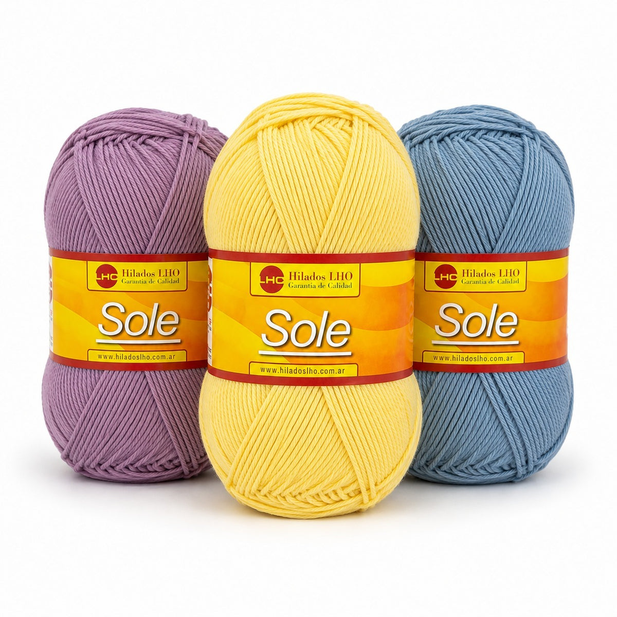 Hilado Sole LHO - ovillos en lila, amarillo y azul