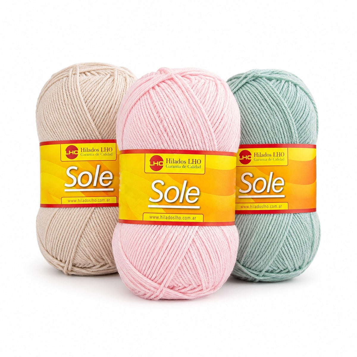 Hilado Sole LHO - ovillos en beige, rosa y verde agua